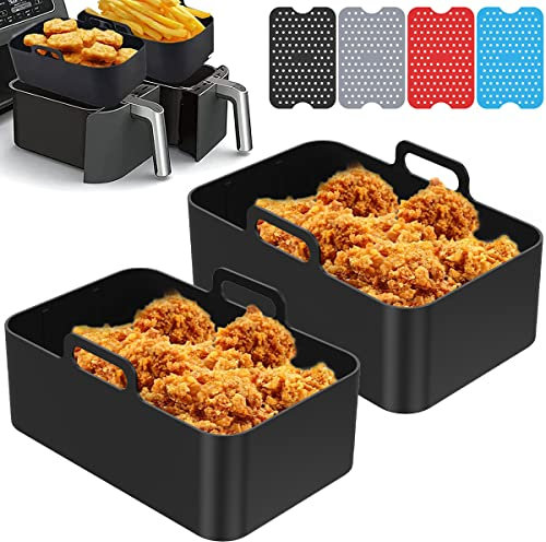 6PCS Silicone Pot for Ninjas Dual Air Fryer, Reusable Silicone Air Fryer Liner, Double Air Fryer Silicone Air Fryer Basket BPA Free Air Fryer Rack Accessories for Air Fryer, Oven, and Microwave(Black)