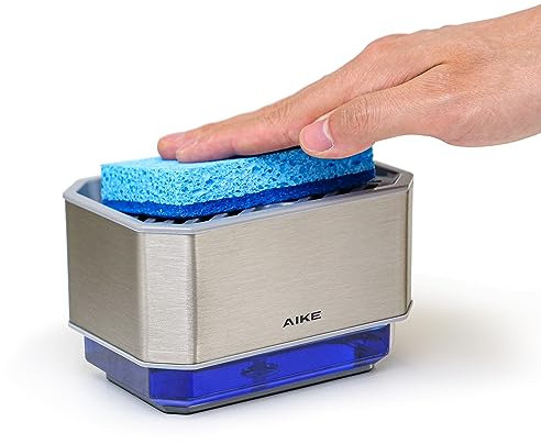 AIKE Dish Soap Dispenser for Kitchen with Sponge, Stainless Steel Washing up Liquid Dispenser, 240ML Dishwashing Soap Pump Dispenser, Brushed