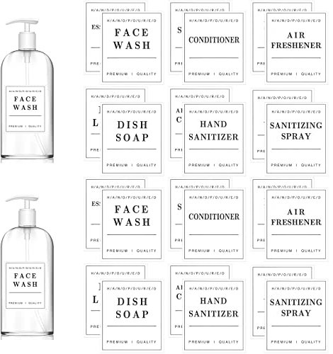 24 Stück PVC wasserdichte Flasche Etikette, Etiketten für Pumpflaschen Set Badezimmer, Aufkleber Bauernhaus Etikette - für Seife, Lotion, Shampoo (weiß, englische fassung, 7x8cm)