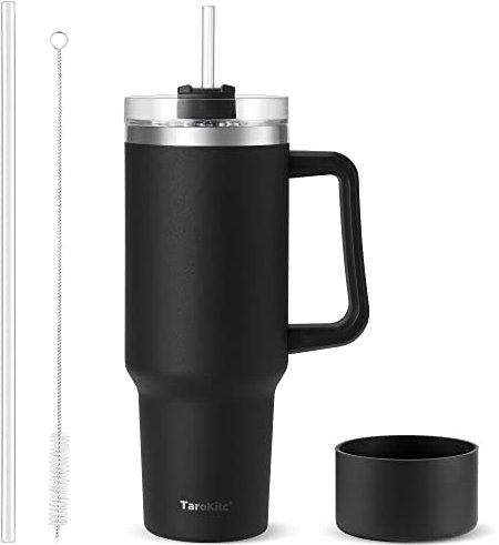 TaroKitc 40 oz Tumbler with Handle | Stainless Steel Insulated Travel Mug Iced Coffee Cup with Lids and Straw | Keeps Drinks Cold for 34 Hours | Dishwasher Safe, BPA Free | BLACK