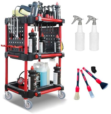 Heavy Duty Tool Trolley on Wheels, 3-Tier Rolling Tool Cart for Auto Wash & Auto Repair, Mobile Service Cart, 200kg Capacity - for Car Detailing, Workshop, Garage, Warehouse, DIY Storage