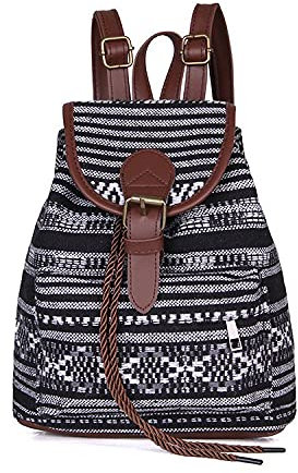 Rucksack Bohemien Klassisch Rucksackhandtaschen Klein Leder und Oxford-Stoff Freizeitrucksack mit Kordelzug und Klappe für Schule Einkaufen Reise Arbeit