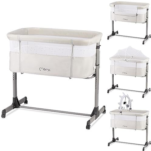 Momi REVO Multifunktions-Beistell- und Kinderbett, 6-stufig höhenverstellbar von 72 bis zu 82 cm, mit Rollen, inkl. Matratze, Befestigungsgurte, Insektenschutz und Bügel mit Spielzeugen