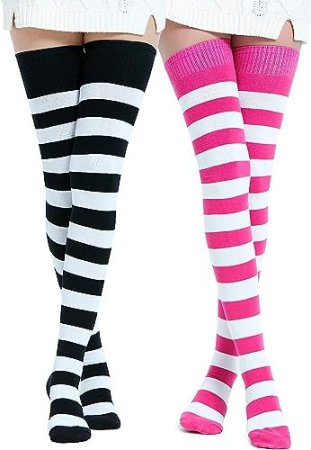 DRESHOW Extra Long Cotton Stripe Thigh High Socks Plus Size Long Stockings Over Knee Socks for Women