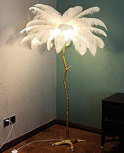 LDIEUWUET Feder Stehlampe, Luxuriöse Natürliche Straußenfeder Lampe Aus Kunstharz, Federlampe Moderne Schlafzimmer Feder Stehlampe Mit Led,170cm Hohe Stehlampen Stehleuchte, für Wohnzimmer, Esszimmer