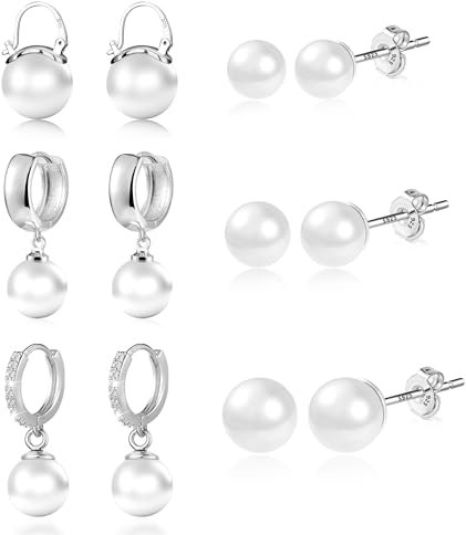 ASH'S CHOICE Ohrringe Perlen Set, 6 Paar Silber 925 Ohrstecker Perlen Set Creolen mit Perlen Anhänger, Silber 925 Ohrringe Hängende Kleine Creolen Süßwasserperlen Ohrstecker Kleine Damen