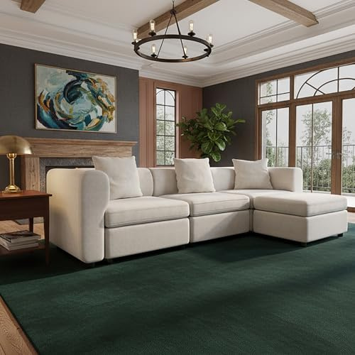 Miuuod 294 cm breites L-förmiges 4-Sitzer-Sofa, 3 Sitze mit 1 Aufbewahrungshocker, Moderne Wohnlandschaft mit Massivholzrahmen, modulares Ecksofa mit tiefer Sitzfläche