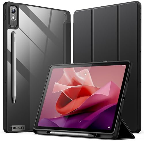 JETech Case for Lenovo Tab P12 12.7-Inch (2023 Model, TB370FU / TB371FU) with Stylus Holder, Clear Transparent Hard PC Back, Protective Tri-Fold Stand Slim Tablet Cover, Auto Wake/Sleep (Black)