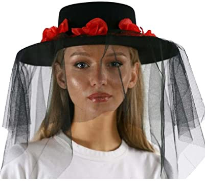 Horror-Shop Schwarzer Witwen Hut mit Schleier und Rosen als Kostümzubehör