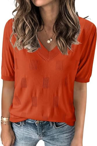 TrendiMax Damen T-Shirt V Ausschnitt Kurzarm Strick Shirt Dünne Pullover Sommer Frühling Strickpullover Casual Oberteile Bluse Tops (M, Orange)