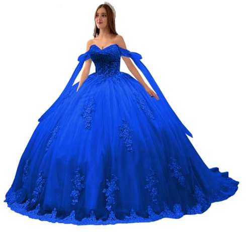 Beyonddress Off Hombro Vestido De Noche Princesa Quinceañera Encaje Apliques Vestido De Bola Dulce 16, Azul Cobalto, 40