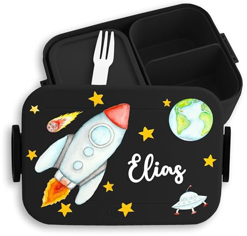 Kinder Bento Box Midi für Mepal Bentobox - Weltall - Brotbox Rakete Lunchbox Raumschiff Vesperbox Weltraum Geschenk Schule I Meteorit - 900 ml - Schwarz - brotdose junge einschulungsgeschenk nasa