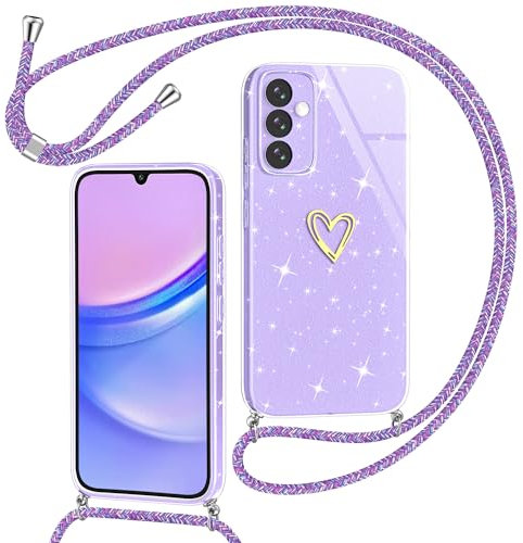 Yichxu Handyband für Samsung Galaxy A15 Hülle mit Band, Glitzer Herz Silikon Handyhülle Kordel zum Umhängen, Schutzhülle mit Kette TPU Stoßfest Necklace Handy Hülle für Samsung A15 4G/5G, Lila
