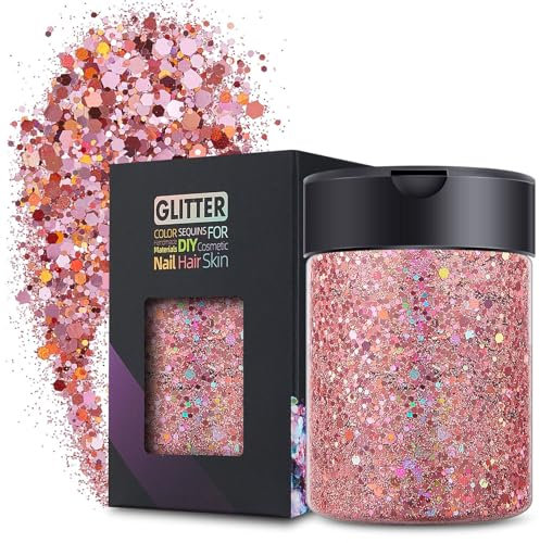 Pink Red Glitter, 50g/1.76oz Glitter,Holographic Chunky Glitter, Resin Glitter, Chunky Sequins for Crafts, DIY Glitter for Jewellery, Nails, Face, Body, Holiday Makeup, Painting Arts(Pink)