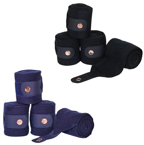Marengos - Fleecebandagen Modern Rosé (4er Set) 300 cm | elastische Bandagen fürs Pferd mit Klettverschluss, roségoldenem Metallplättchen & Antipilling-Fleece | Pferde-Beinschutz in Nachtblau