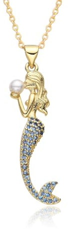 Niaspi Collar con colgante de sirena de cristal para mujeres y niñas, hipoalergénico, chapado en oro, colgante de cola de pez azul, elegante sirena con perlas de cristal de 4 mm, joyería para hermana