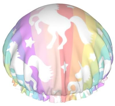 Gorro de ducha con estampado de unicornios en rayas coloridas, elástico y reutilizable, doble capa, impermeable, gorro de ducha