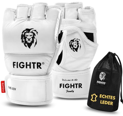 FIGHTR® Pro MMA Echtleder Handschuhe für Grappling Sparring Training, Kickboxen Kampfsport Muay Thai Boxsack Sandsack Pratzen Boxen | für Männer und Frauen inkl. Tragetasche (Off White, S)
