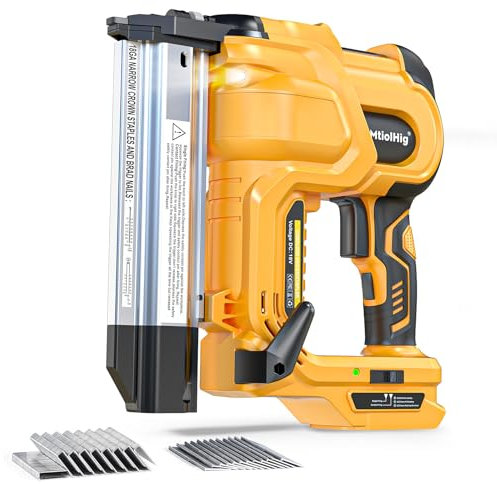 MtiolHig Cordless 2-in-1 Electric Nail Gun/Staple Gun, 18 Gauge, 2 Brad Nailer for Dewalt 20V Battery (No Battery), Modern Style, Yellow, 500 Nails & Staples, Adjustable Depth, 2 Modes