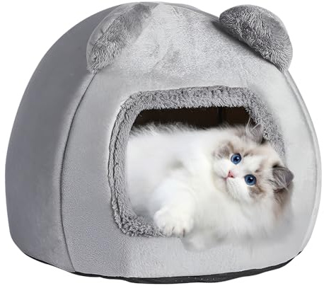 SKIKHN Katzenhöhle Katzenbett Waschbare,40cm Katzenhaus Kuschelhöhle Mit Anti-Rutsch Boden undAbnehmbarem Matte,Haustierbett Weiches Komfort Bett Warme für Katzen Unter 5 kg kleine Hunde Schlafen Grau