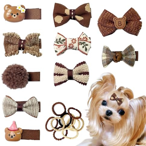 10pcs Brown Dog Hair Clips 10pcs Rubber Bands Small Dog Bows Beige Cute Pet Grooming Accessories Alligator Clips Stay In Hair Bear Barrettes Hairpin Topknot Headdress Yorkie Puppy Maltese Girls Dogs