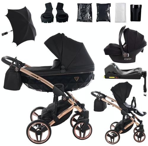 Junama Kinderwagen Diamond S 03 Schwarz und Kupfer - 2in1 3in1 4in1 mit Sonnenschirm (4 in 1 mit ISOFIX Basis)