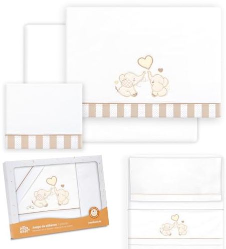 Interbaby - Bettwäsche-Set für Kinderbett, 50 x 80 cm, 100% Baumwolle, inklusive Spannbettlaken, Bettbezug und Kissenbezug, ideal für Frühling, Sommer, Elefanten-Paar, Weiß/Beige