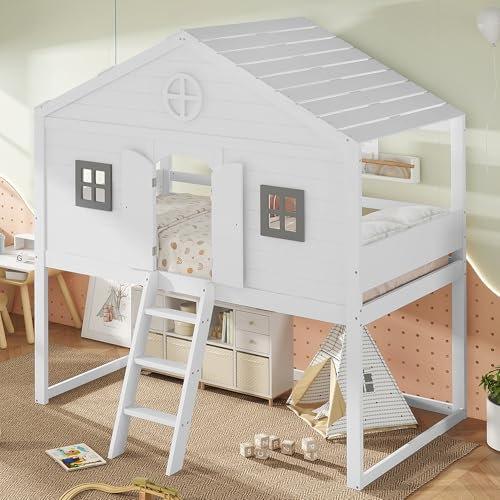 GigaXynium Cama de casa con escalera, con protección contra caídas y rejilla, dos ventanas grises, cuna con ventana, cama de 90 x 200 cm
