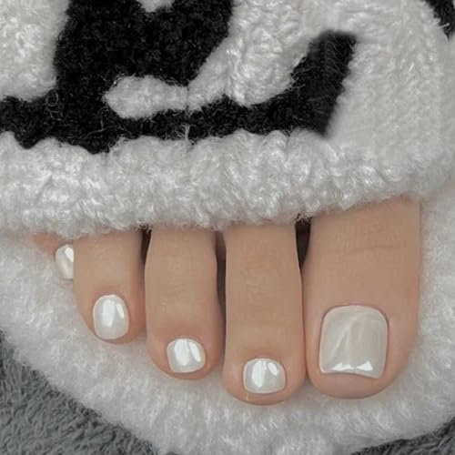 Square False Toe Nails, Pearl White Press on Toes Nail, Full Cover Acrylic Pearlescent Fake Toenails, Aurora White Stick On Toenails for Glossy French Toe Nails Decoration 24 Pcs