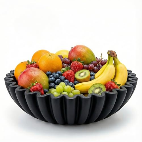 Wageso Concrete Decorative Bowl,Large Fruit Bowels for Home Coffee Table Decor,Scalloped Ruffle Centerpiece Tray Decorations for Kitchen Counter,Purse Key Holder for Entryway Table(10 Round Black)