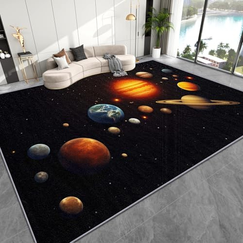 AevuCub Sonnensystem Deko, Planeten Erde Mond Teppich 80x150 Kurzflor, Kleiner Teppich Wohnzimmer Weltraum Galaxie, Weich rutschfest Waschbare Teppiche, Bettvorleger Schlafzimmer Kinderzimmer