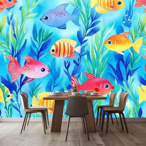 Fototapete Aquarell Fantasie Kleine Fische Wasserpflanzen Vliestapete, 200 x 140 cm Vlies Phototapete Wandverkleidung Wandtapete Motivtapeten Wohnzimmer Schlafzimmer 3d Effekt Farbe Vliestapete