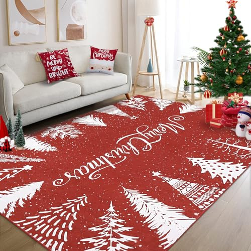 CAROMIO Großer moderner Weihnachtsteppich, Maschinenwaschbarer Weihnachtsbaum Schneeflocke Teppich für Wohnzimmer Schlafzimmer Küche Esszimmer Weihnachtsdeko Rot 140x200 cm