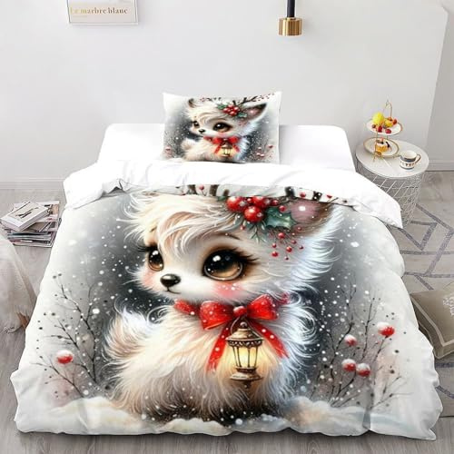 DOXLITVT Süßes REH Weihnachten Bettwäsche Set 2-teilig Animal Theme Kinderbettwäsche Mit Kissenbezügen Betten Set Für Jugendliche Kinder Schlafzimmer Single（135x200cm）