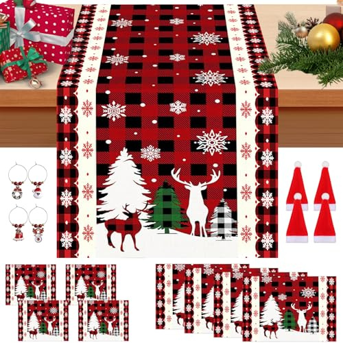 17 IN 1 Tischläufer Weihnachten und Vier Platzsets,Glasmarkierer,Weihnachtstischläufer Festliche,Tischdecke Tischdeko Weihnachtsdeko für Weihnachten Party Dekoration- (B)