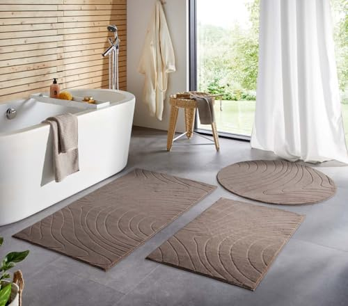 Taracarpet Badematte Badvorleger Homestyle rutschfest waschbar Badezimmerteppich Badewannenmatte, Badteppich, Duschmatte Badezimmer saugfähig Weich auch als Set Taupe abstrakte Wellen 060x120 cm