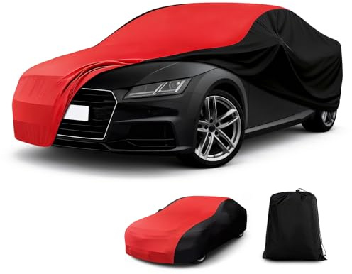 Autoabdeckung Indoor Stretch, Staubdichte Abdeckplane Auto, Autoplane Indoor, Universal Autogarage Abdeckung für Sportwagen, Coupé, SUV, Weich und Luftdurchlässig, Rot & Schwarz - S