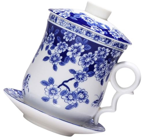 Tofficu Service à Thé Chinois avec Infuseur en Céramique Bleue 4 Pièces et Soucoupe Tasse à Thé Rétro Antidérapante Bureau