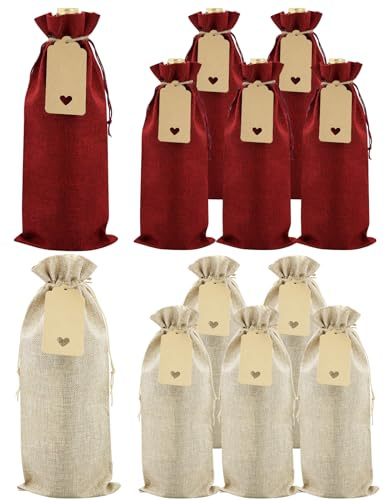 Canvas Wine Bags with Drawstring, Pack of 12 Wine Bottle Lids with Tags and Ropes, Reusable Wine Gift Bags for Party Supplies (Misto), red, Modern