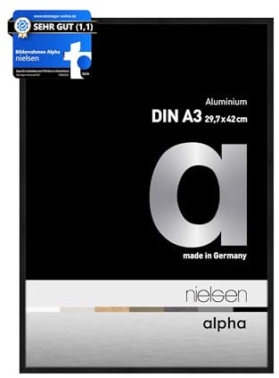 nielsen Bilderrahmen, 29,7 x 42 cm (A3), Aluminium, Schwarz matt, Posterrahmen zum Aufhängen im Hoch- & Querformat, Echtglas, Alpha