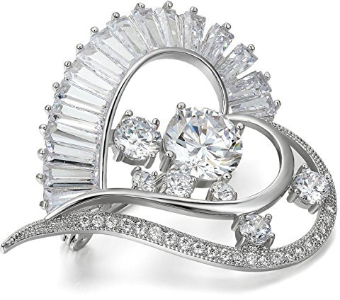 JewelryWe Schmuck Damen Brosche, Herz Design Strass Broschenadeln, Zirkonia Legierung Ansteckblume,für Braut Hochzeit Party, Silber