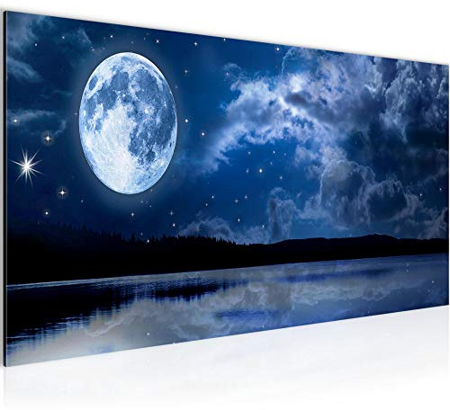 Runa Art Wandbild Nachthimmel Mond 1 Teilig 100 x 40 cm Modern Bild auf Vlies Leinwand Natur Panorama Wohnzimmer Schlafzimmer Blau 607512a