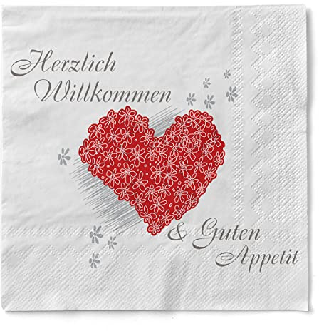 Sovie HORECA Tissue Serviette „Herzlich Willkommen & Guten Appetit“, 3-lagig, 40 x 40 cm, 100 Stück – Design mit bordeauxfarbenem Herz, Blumen & einladendem Schriftzug