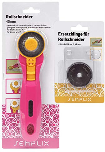 SEMPLIX Rollschneider + Ersatzklinge im Set Ø 45 mm – Stoffschneider mit integriertem Klingenschutz (pink)