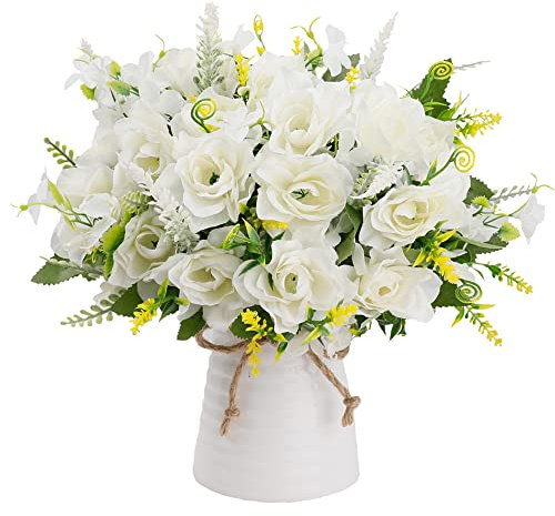 LESING Flores Artificiales Gardenia de Seda con Modernos Ceramica Jarrones de Flores para 3 Piezas de Ramo Novia para Centro de Mesa Decoración, Oficina, Hogar, Cocina, Regalo - Blanco