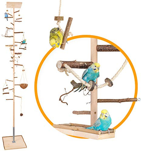 Vogelgaleria® Zimmerhoher Vogel-Kletterbaum 244-246 cm HiFly Medio mit Naturholz-Sitzstangen Vogelspielzeug Vogelschaukel Vogelspielplatz Freisitz Freiflug Landeplatz für Wellensittich Nymphensittich