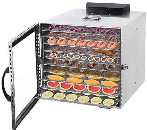 Moongiantgo Commercial Food Dehydrator Food Drying Machine for Beef Fruit Flower Tea Pet Treats, tainless Steel Trays Smart Touch Operation Temperature Control & 24h Adjustable Timer (with 10 trays)