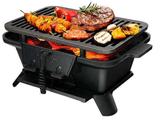 COSTWAY Barbecue de Charbon de Bois Portable Hauteur de 2 Étages, avec Grille Double Face en Fonte Porte de Ventilation Porte Coupe-feu en Plein Air pour Camping Randonnée, 40 x 27 x 18 cm