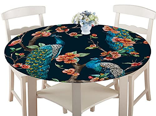 FANSU Runde Tischdecke Wasserabweisende, 3D Tier Muster Abwaschbar Garten Tischdecke rutschfest Abwischbare Wachstuch Desktop Dekorative Tuch Hotel Bankett Party (Pfau,150cm)