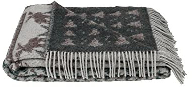 ÖJBRO VANTFABRIK Skogen gewebte Wolldecke mit Fransen 130x200 cm, grau/Dunkelbraun/grün 100% Schafwolle Strick-Plaid Tagesdecke Quilt warm weich - Hergestellt in Schweden